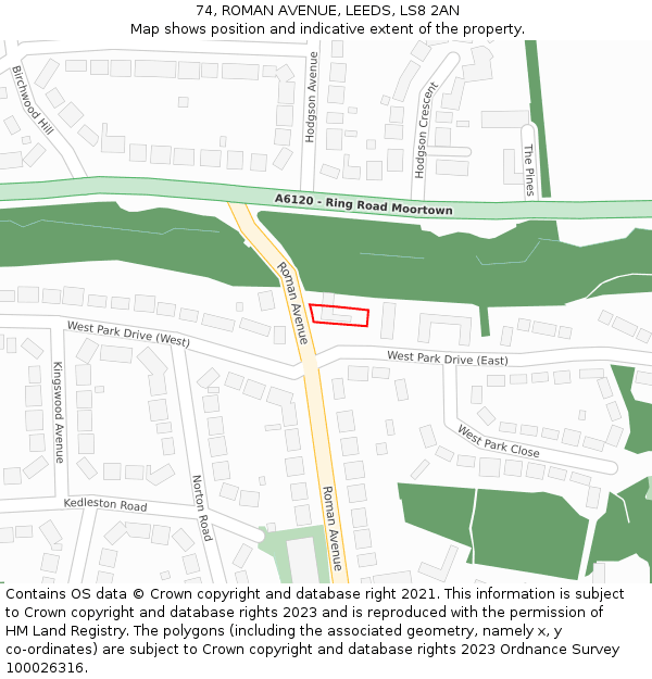 74, ROMAN AVENUE, LEEDS, LS8 2AN: Location map and indicative extent of plot