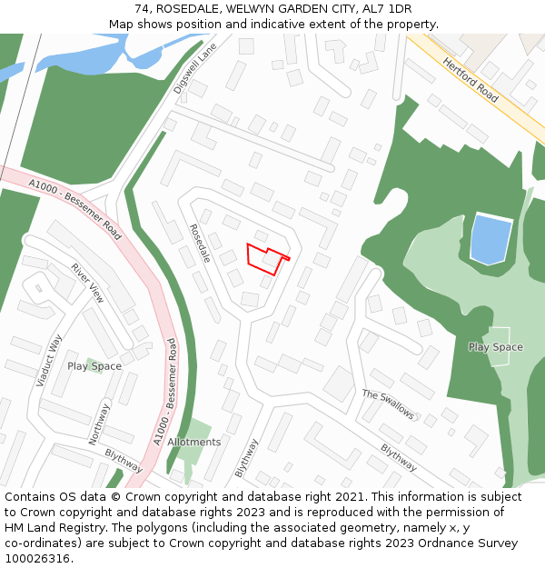 74, ROSEDALE, WELWYN GARDEN CITY, AL7 1DR: Location map and indicative extent of plot
