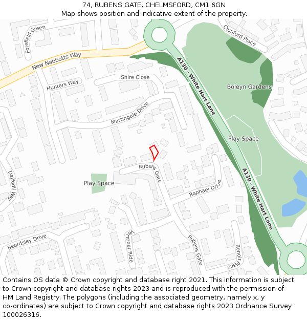 74, RUBENS GATE, CHELMSFORD, CM1 6GN: Location map and indicative extent of plot