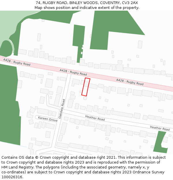 74, RUGBY ROAD, BINLEY WOODS, COVENTRY, CV3 2AX: Location map and indicative extent of plot