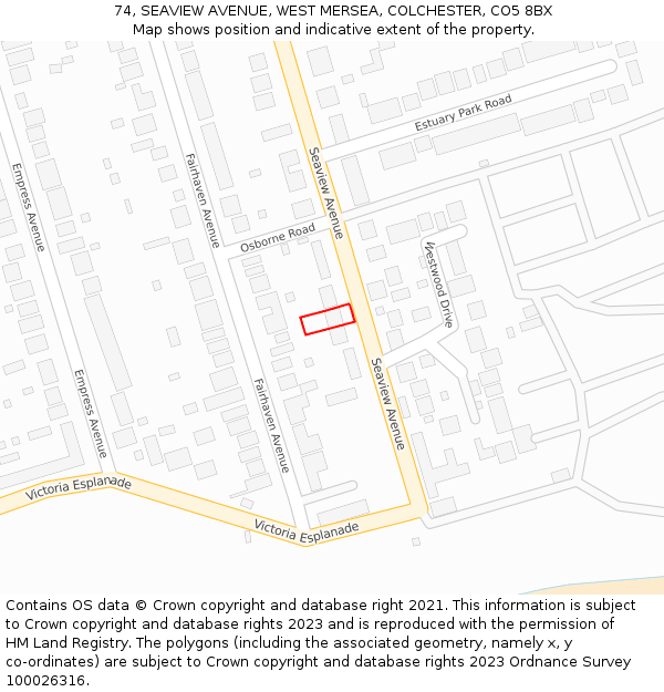 74, SEAVIEW AVENUE, WEST MERSEA, COLCHESTER, CO5 8BX: Location map and indicative extent of plot