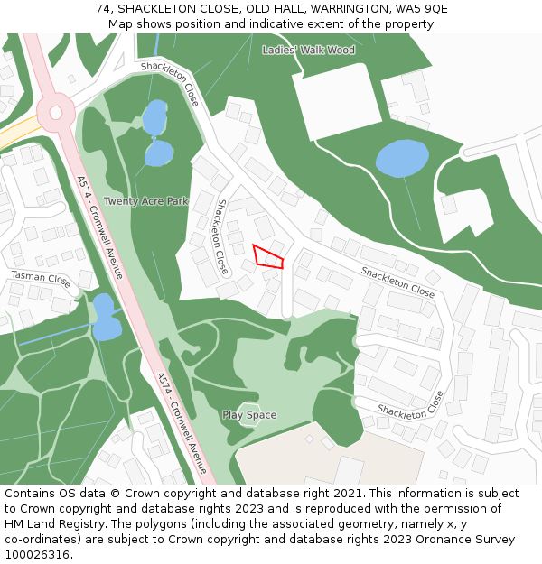 74, SHACKLETON CLOSE, OLD HALL, WARRINGTON, WA5 9QE: Location map and indicative extent of plot