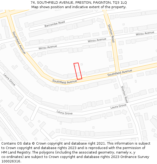 74, SOUTHFIELD AVENUE, PRESTON, PAIGNTON, TQ3 1LQ: Location map and indicative extent of plot