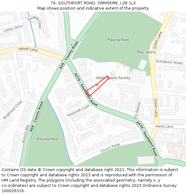 74, SOUTHPORT ROAD, ORMSKIRK, L39 1LX: Location map and indicative extent of plot