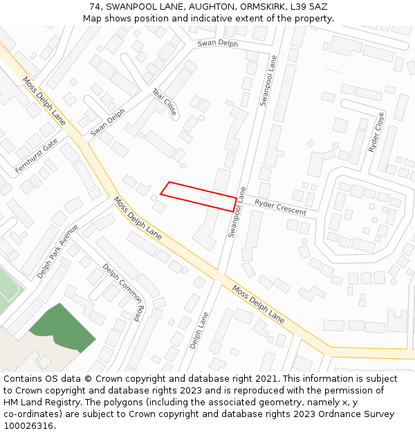 74, SWANPOOL LANE, AUGHTON, ORMSKIRK, L39 5AZ: Location map and indicative extent of plot