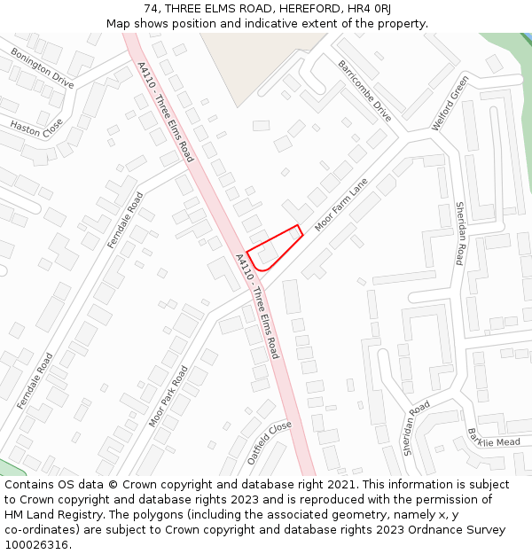 74, THREE ELMS ROAD, HEREFORD, HR4 0RJ: Location map and indicative extent of plot