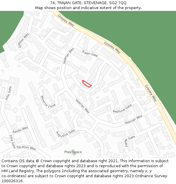 74, TRAJAN GATE, STEVENAGE, SG2 7QQ: Location map and indicative extent of plot