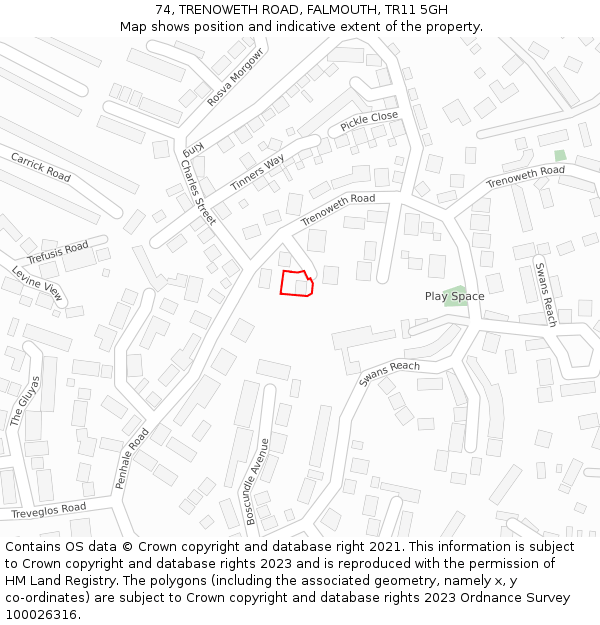 74, TRENOWETH ROAD, FALMOUTH, TR11 5GH: Location map and indicative extent of plot