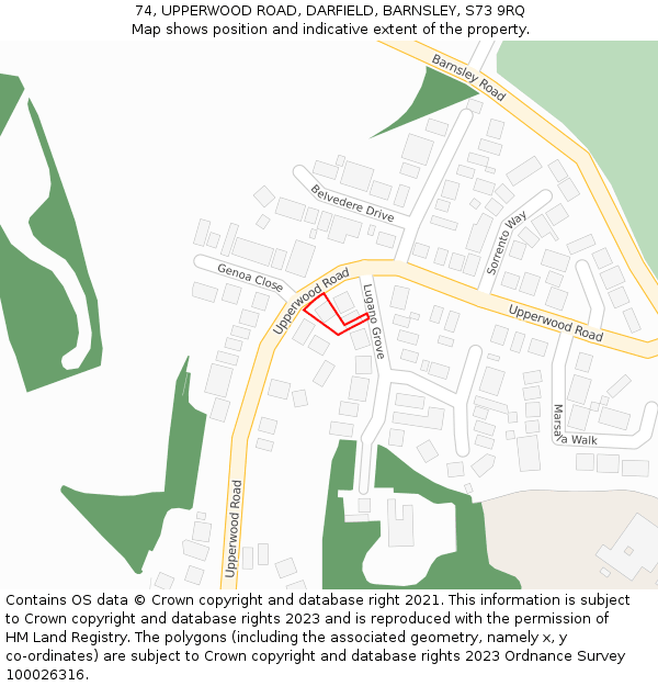 74, UPPERWOOD ROAD, DARFIELD, BARNSLEY, S73 9RQ: Location map and indicative extent of plot
