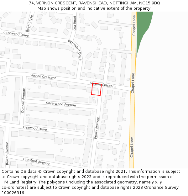 74, VERNON CRESCENT, RAVENSHEAD, NOTTINGHAM, NG15 9BQ: Location map and indicative extent of plot