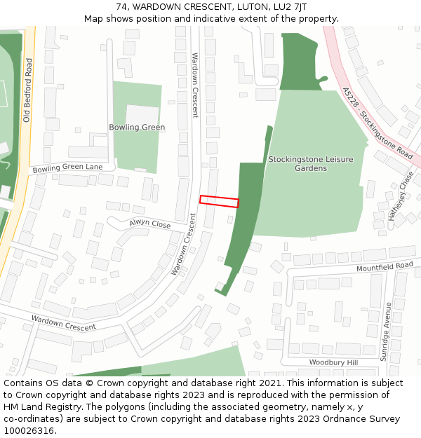 74, WARDOWN CRESCENT, LUTON, LU2 7JT: Location map and indicative extent of plot