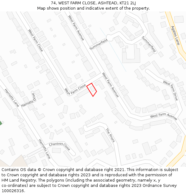74, WEST FARM CLOSE, ASHTEAD, KT21 2LJ: Location map and indicative extent of plot