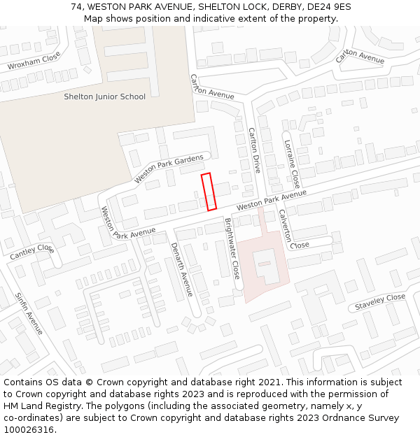 74, WESTON PARK AVENUE, SHELTON LOCK, DERBY, DE24 9ES: Location map and indicative extent of plot