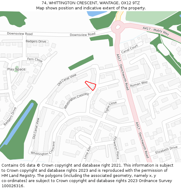 74, WHITTINGTON CRESCENT, WANTAGE, OX12 9TZ: Location map and indicative extent of plot