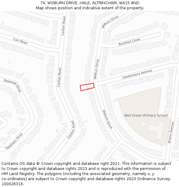 74, WOBURN DRIVE, HALE, ALTRINCHAM, WA15 8ND: Location map and indicative extent of plot