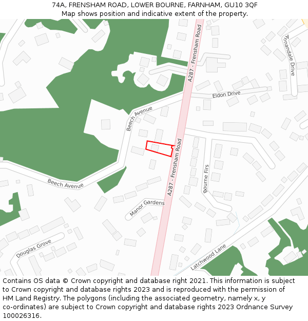 74A, FRENSHAM ROAD, LOWER BOURNE, FARNHAM, GU10 3QF: Location map and indicative extent of plot