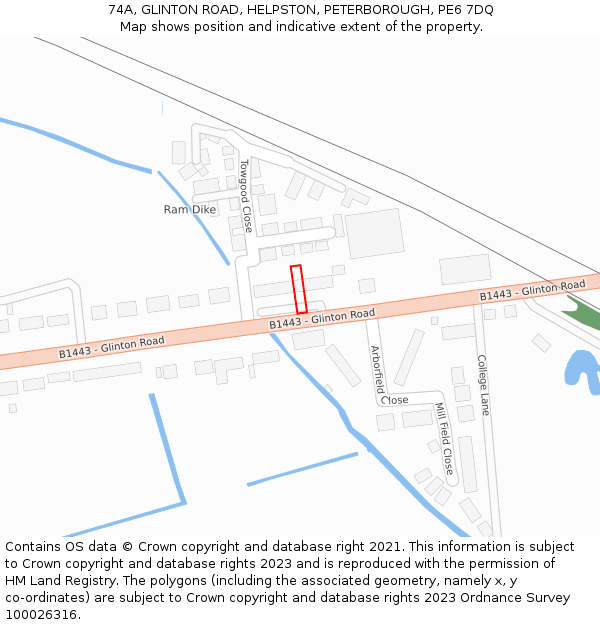74A, GLINTON ROAD, HELPSTON, PETERBOROUGH, PE6 7DQ: Location map and indicative extent of plot