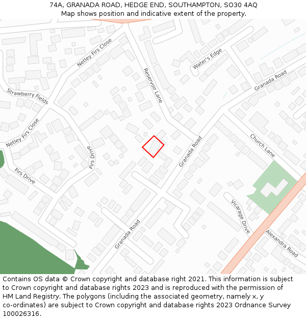 74A, GRANADA ROAD, HEDGE END, SOUTHAMPTON, SO30 4AQ: Location map and indicative extent of plot