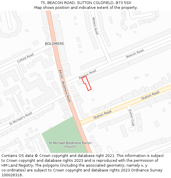 75, BEACON ROAD, SUTTON COLDFIELD, B73 5SX: Location map and indicative extent of plot
