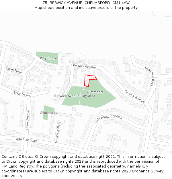 75, BERWICK AVENUE, CHELMSFORD, CM1 4AW: Location map and indicative extent of plot