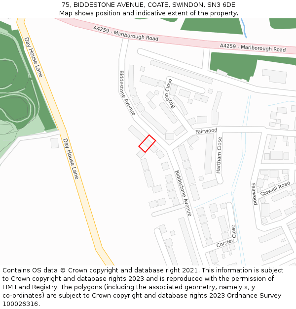 75, BIDDESTONE AVENUE, COATE, SWINDON, SN3 6DE: Location map and indicative extent of plot