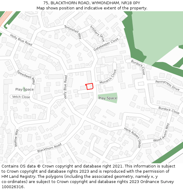 75, BLACKTHORN ROAD, WYMONDHAM, NR18 0PY: Location map and indicative extent of plot