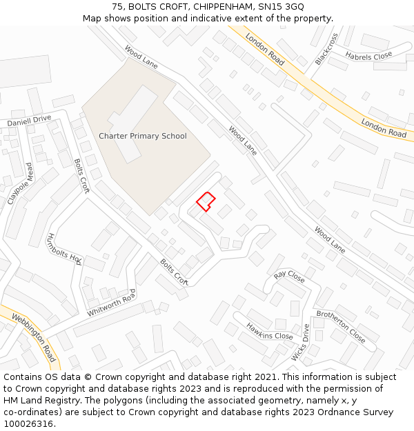 75, BOLTS CROFT, CHIPPENHAM, SN15 3GQ: Location map and indicative extent of plot
