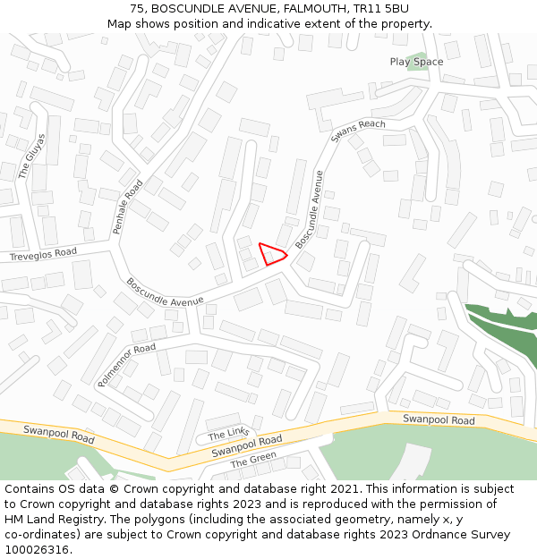 75, BOSCUNDLE AVENUE, FALMOUTH, TR11 5BU: Location map and indicative extent of plot