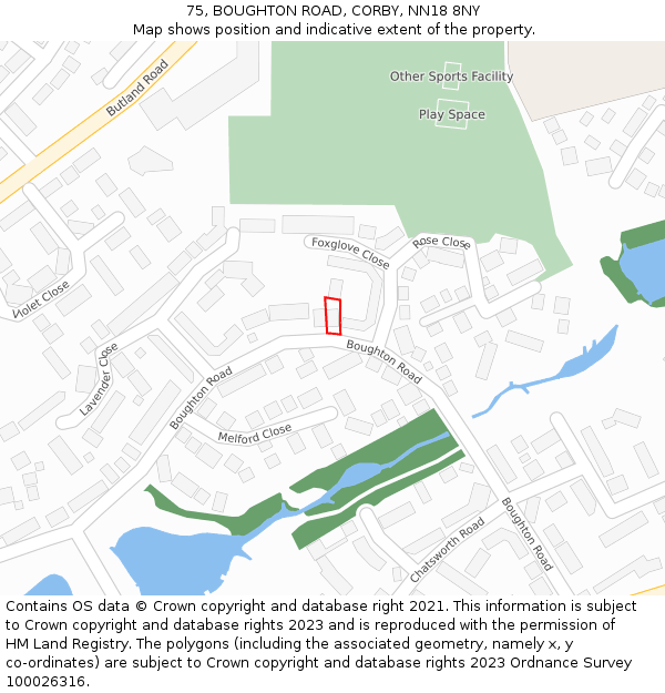 75, BOUGHTON ROAD, CORBY, NN18 8NY: Location map and indicative extent of plot