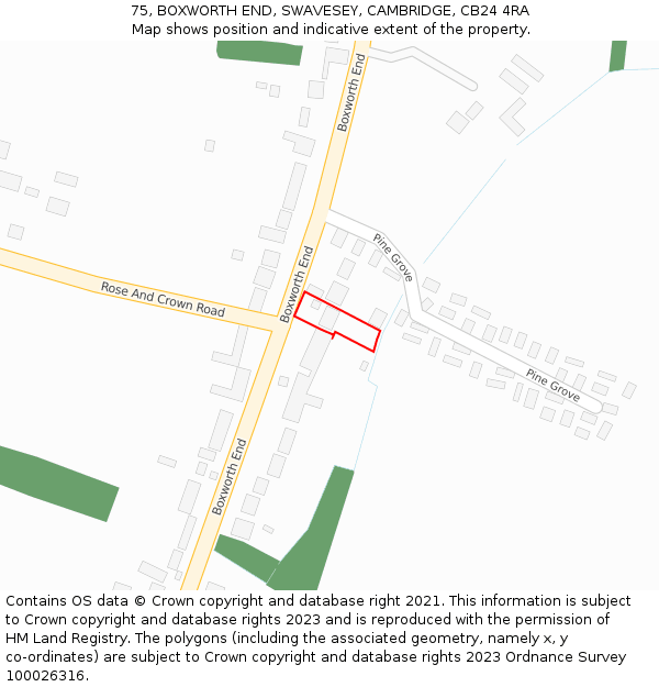 75, BOXWORTH END, SWAVESEY, CAMBRIDGE, CB24 4RA: Location map and indicative extent of plot