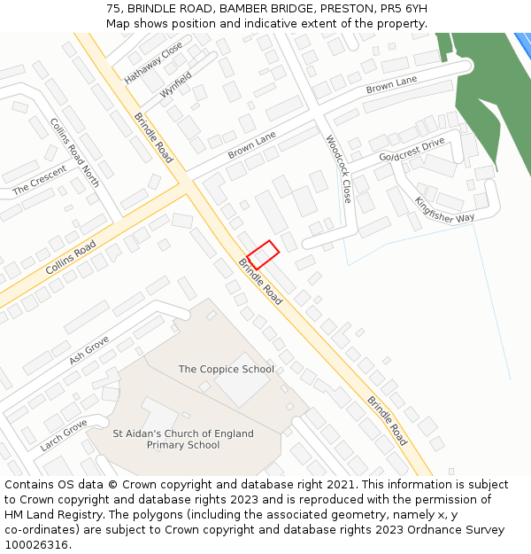 75, BRINDLE ROAD, BAMBER BRIDGE, PRESTON, PR5 6YH: Location map and indicative extent of plot