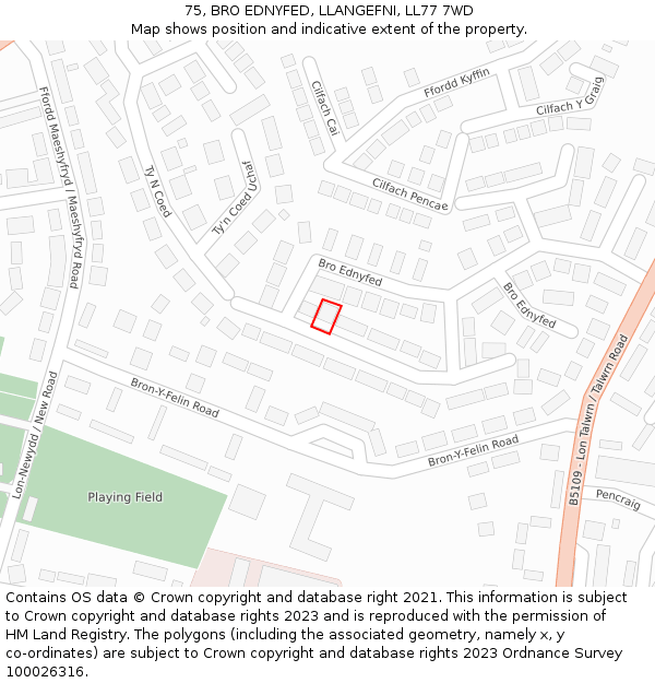 75, BRO EDNYFED, LLANGEFNI, LL77 7WD: Location map and indicative extent of plot