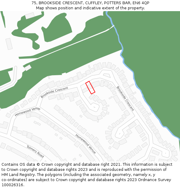 75, BROOKSIDE CRESCENT, CUFFLEY, POTTERS BAR, EN6 4QP: Location map and indicative extent of plot