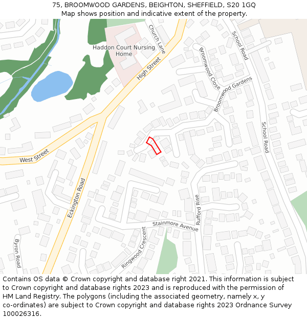 75, BROOMWOOD GARDENS, BEIGHTON, SHEFFIELD, S20 1GQ: Location map and indicative extent of plot