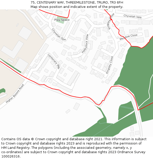 75, CENTENARY WAY, THREEMILESTONE, TRURO, TR3 6FH: Location map and indicative extent of plot