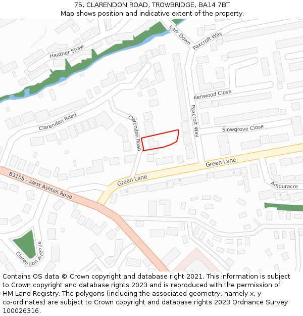 75, CLARENDON ROAD, TROWBRIDGE, BA14 7BT: Location map and indicative extent of plot
