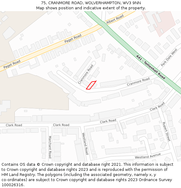 75, CRANMORE ROAD, WOLVERHAMPTON, WV3 9NN: Location map and indicative extent of plot