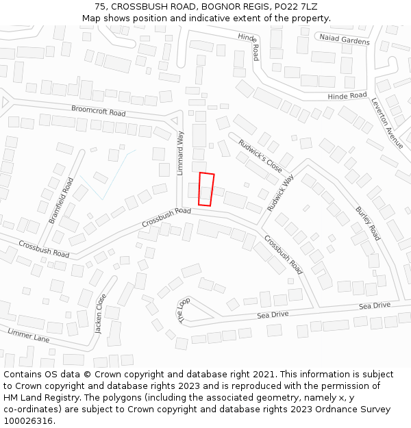 75, CROSSBUSH ROAD, BOGNOR REGIS, PO22 7LZ: Location map and indicative extent of plot