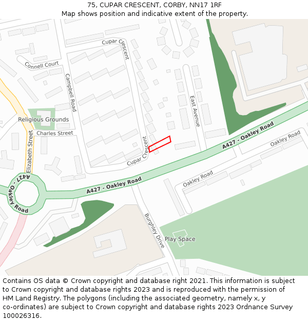 75, CUPAR CRESCENT, CORBY, NN17 1RF: Location map and indicative extent of plot