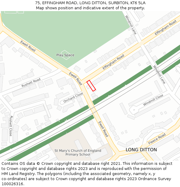 75, EFFINGHAM ROAD, LONG DITTON, SURBITON, KT6 5LA: Location map and indicative extent of plot