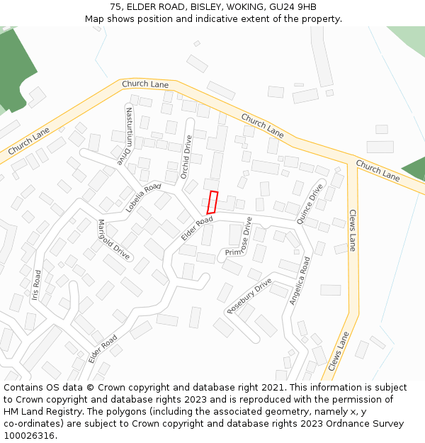 75, ELDER ROAD, BISLEY, WOKING, GU24 9HB: Location map and indicative extent of plot