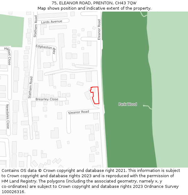 75, ELEANOR ROAD, PRENTON, CH43 7QW: Location map and indicative extent of plot