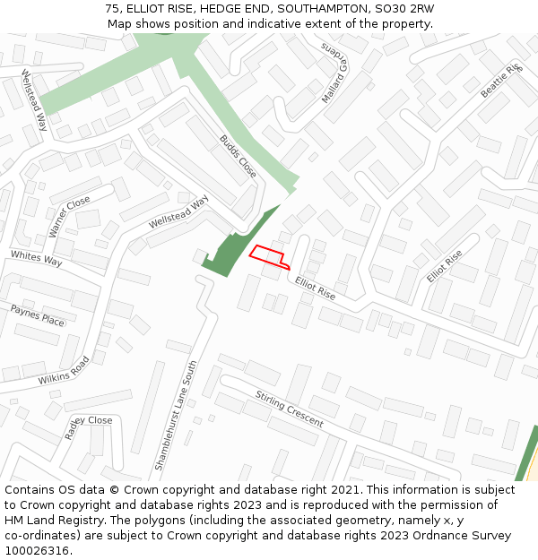 75, ELLIOT RISE, HEDGE END, SOUTHAMPTON, SO30 2RW: Location map and indicative extent of plot