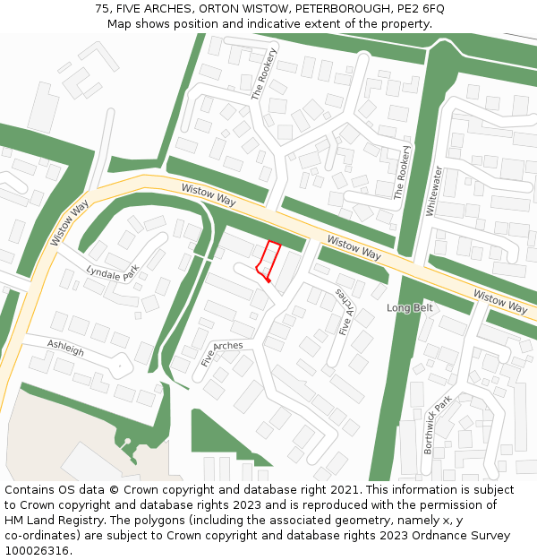 75, FIVE ARCHES, ORTON WISTOW, PETERBOROUGH, PE2 6FQ: Location map and indicative extent of plot