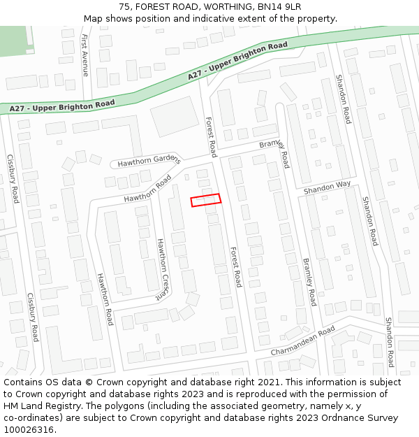 75, FOREST ROAD, WORTHING, BN14 9LR: Location map and indicative extent of plot