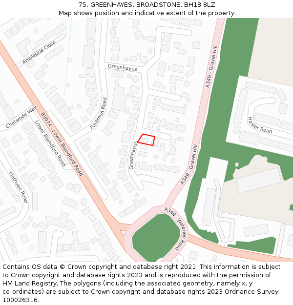 75, GREENHAYES, BROADSTONE, BH18 8LZ: Location map and indicative extent of plot