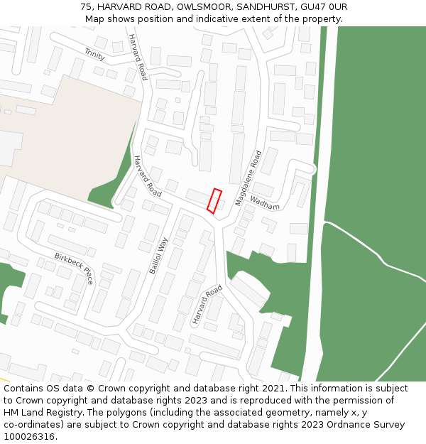75, HARVARD ROAD, OWLSMOOR, SANDHURST, GU47 0UR: Location map and indicative extent of plot
