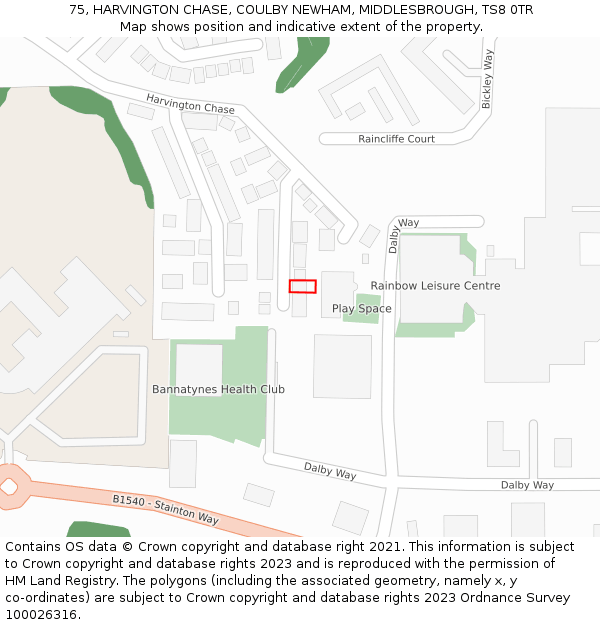 75, HARVINGTON CHASE, COULBY NEWHAM, MIDDLESBROUGH, TS8 0TR: Location map and indicative extent of plot