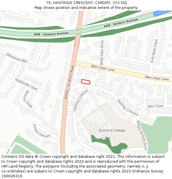 75, HASTINGS CRESCENT, CARDIFF, CF3 5DJ: Location map and indicative extent of plot