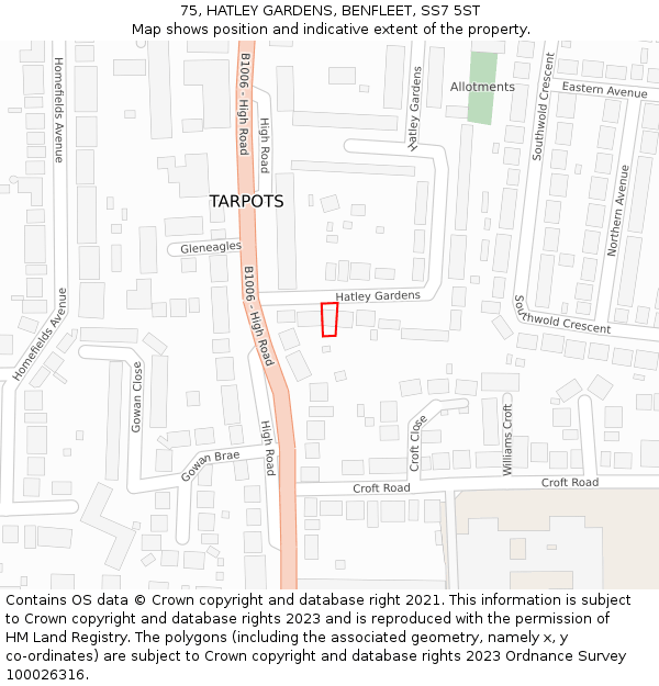 75, HATLEY GARDENS, BENFLEET, SS7 5ST: Location map and indicative extent of plot